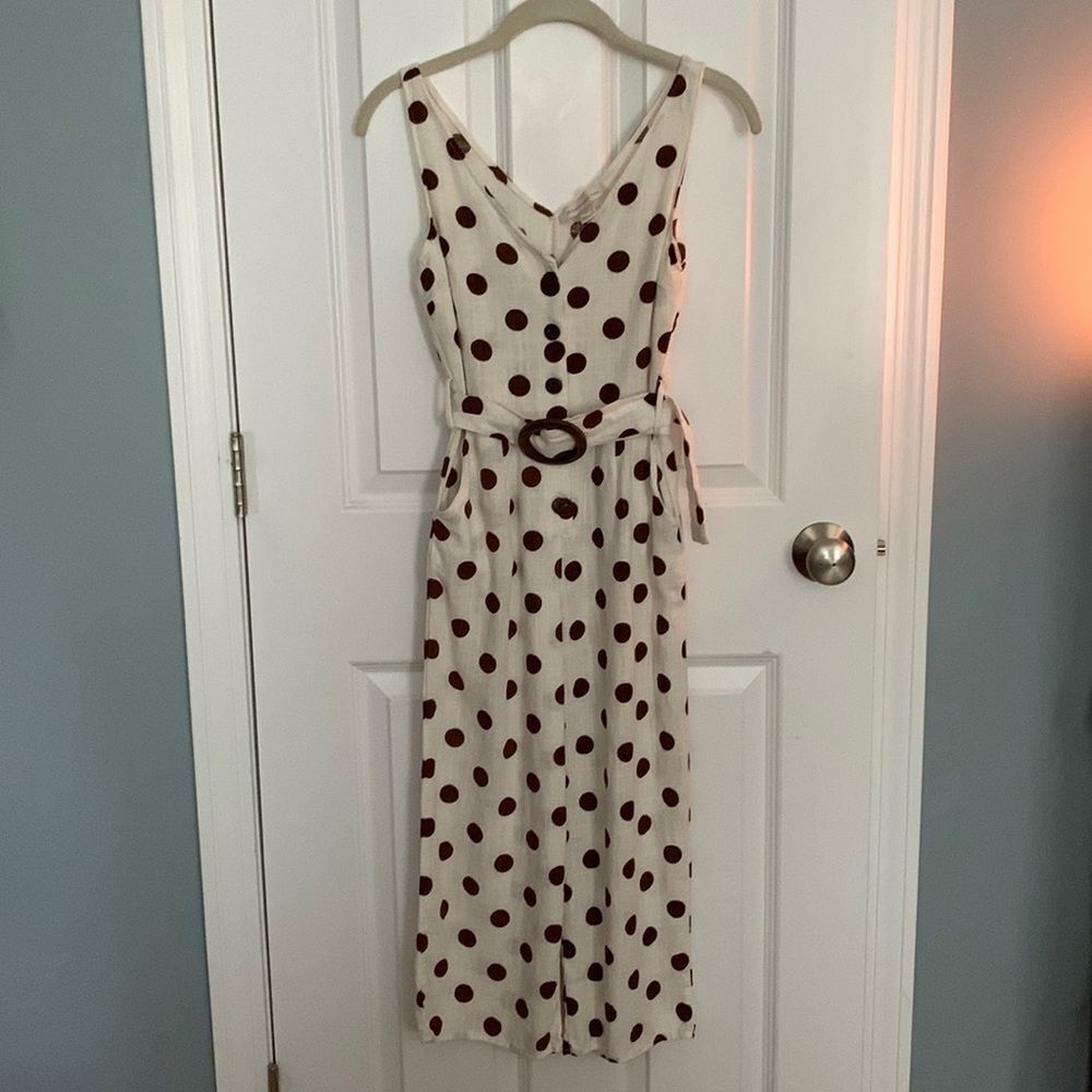 Brown and White Polka Dot Button Down‎ Belted Romper